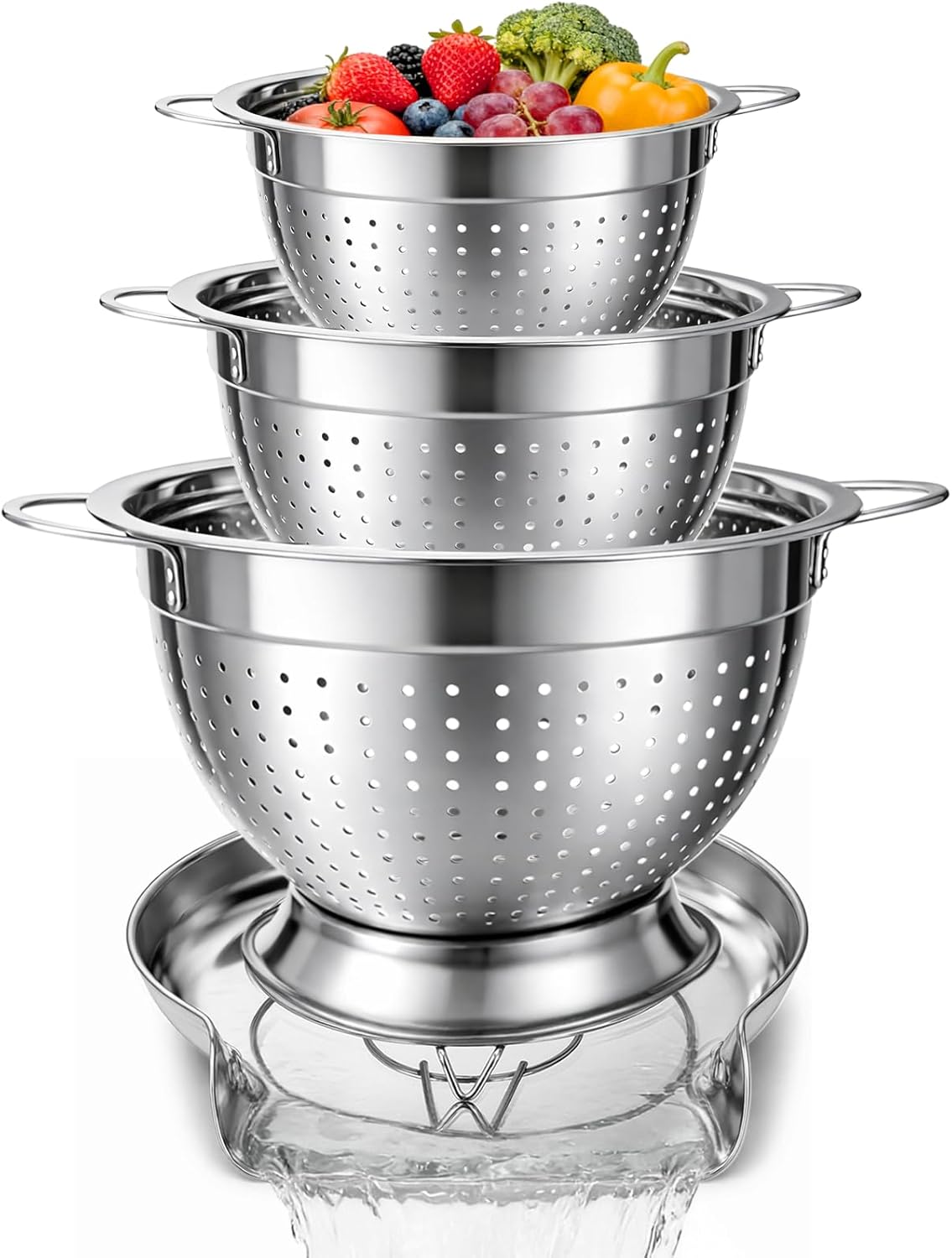 Strainers and Colanders for Kitchen, 3-Piece Stainless Steel Set Pasta and Rice Strainer with Handles, Raised Draining Base for Easy Counter Use (7”, 9”, 11”)