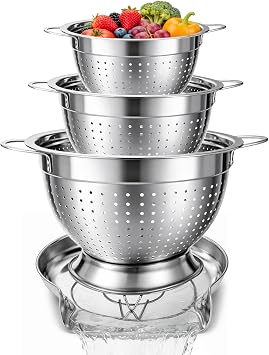 Strainers and Colanders for Kitchen, 3-Piece Stainless Steel Set