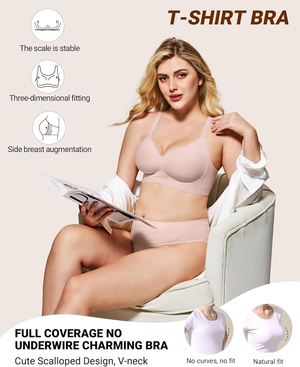 HORISUN Womens No Underwire Bras Supportive Scalloped V Neck Tshirt Bra Comfortable Wireless Seamless Push Up Bralette
