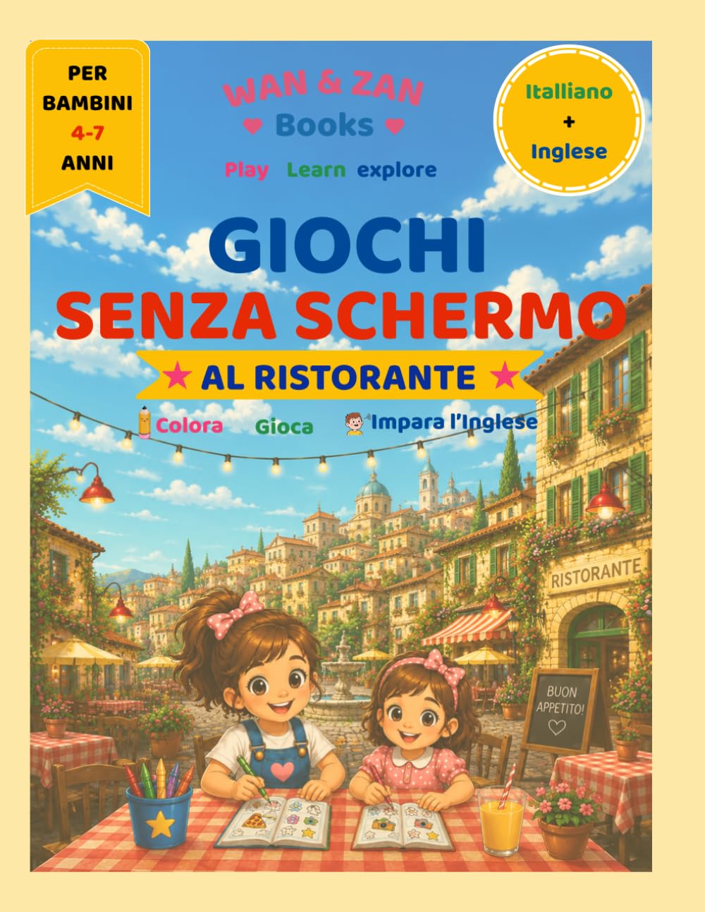 Giochi Senza Schermo: Al Ristorante: Italiano + Inglese | Colora, Gioca e Impara Mentre Aspetti