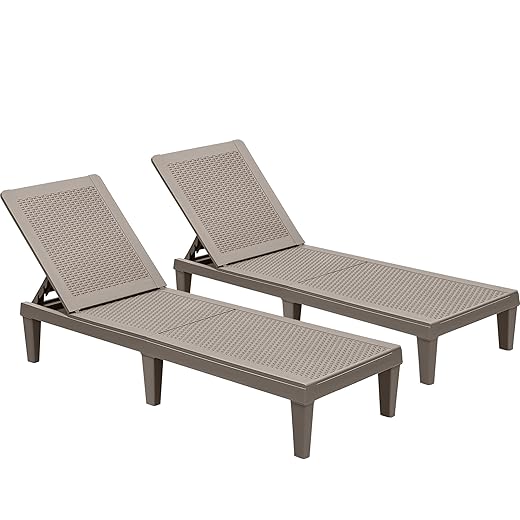 GUNJI Lounge Chairs for Outside Patio Waterproof Resin Chaise Lounge Outdoor Adjustable Lounge Chairs Set of 2 Pool Chairs Sun Loungers for Deck, Poolside and Beach (Beige)