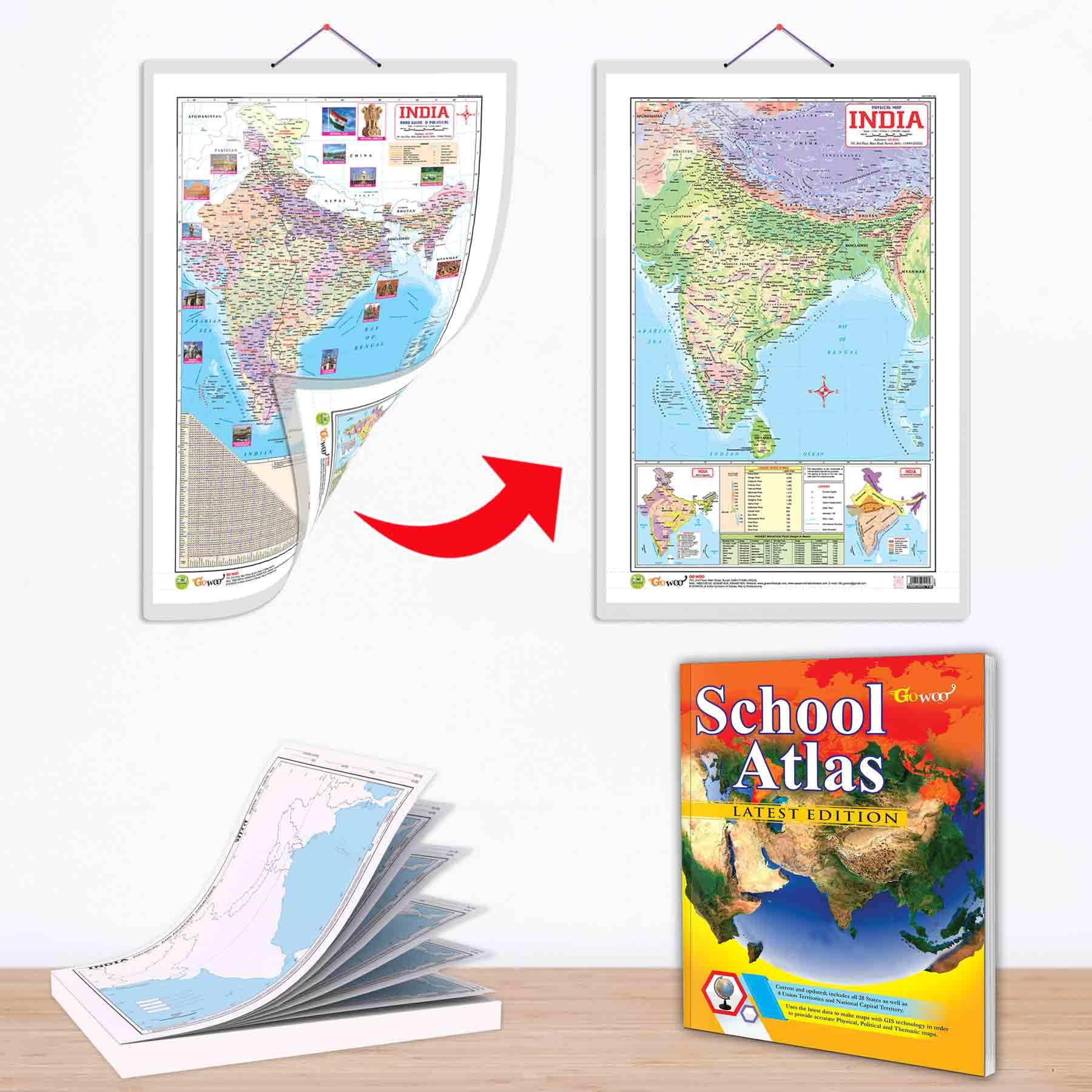 GO WOO SMALL - 100 India PHYSICAL OUTLINE FOR SCHOOL, 2 IN 1 India POLITICAL AND PHYSICAL Chart IN ENGLISH and SCHOOL ATLAS (ENGLISH) - ART PAPER | Pack of 3