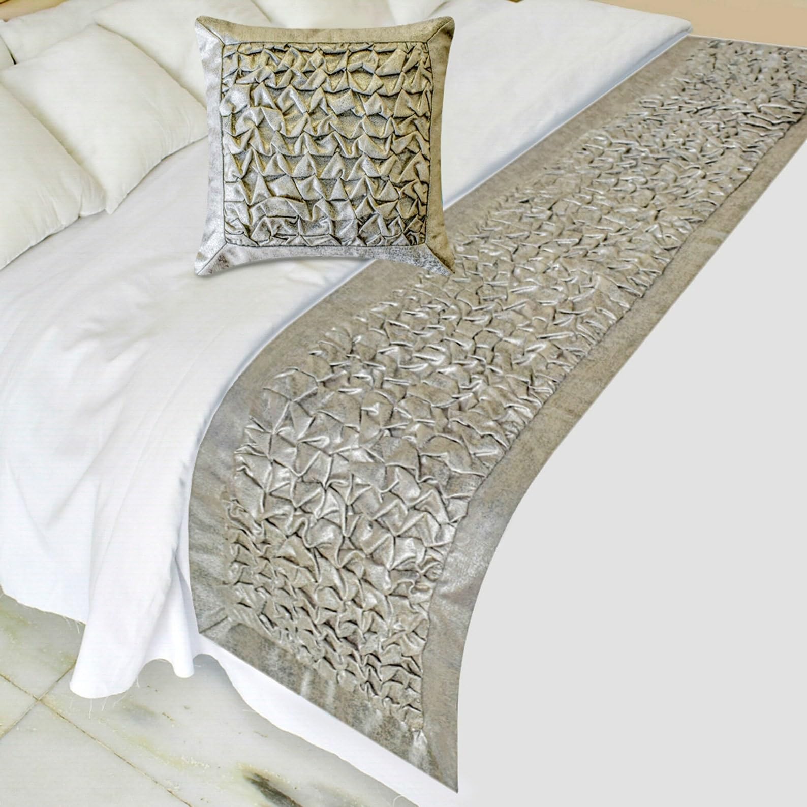 The HomeCentric King/Queen/Twin Silver Decorative Bed Runner Queen 185x45 cm Bed Runner WITHOUT Cushion Cover, Foil, Knotted,Textured Bed Scarf on Jacquard fabric - Polished Silver