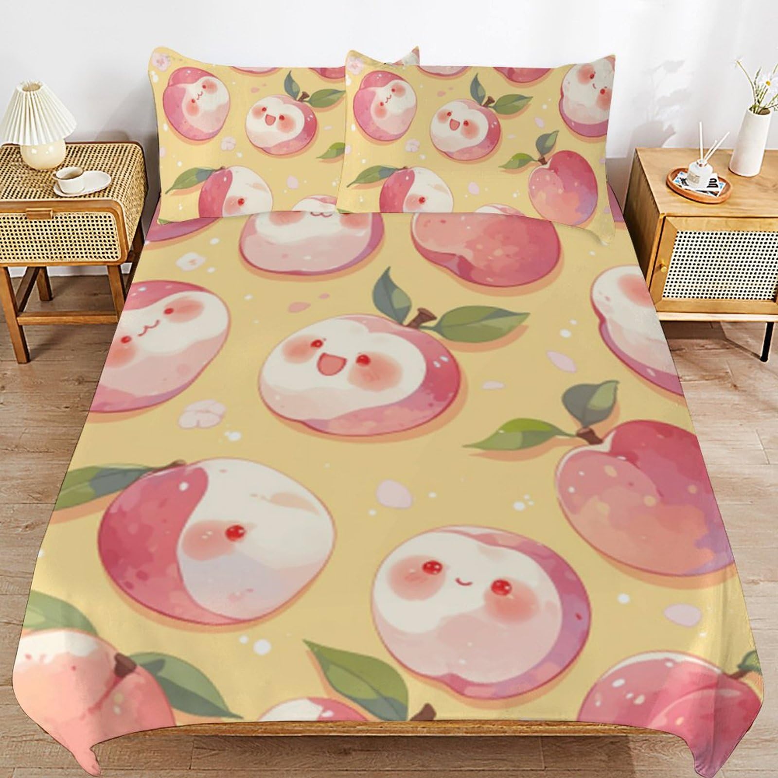 Parure de lit 3 pièces rose motif pêche avec 2 taies en microfibre douce et fermeture éclair