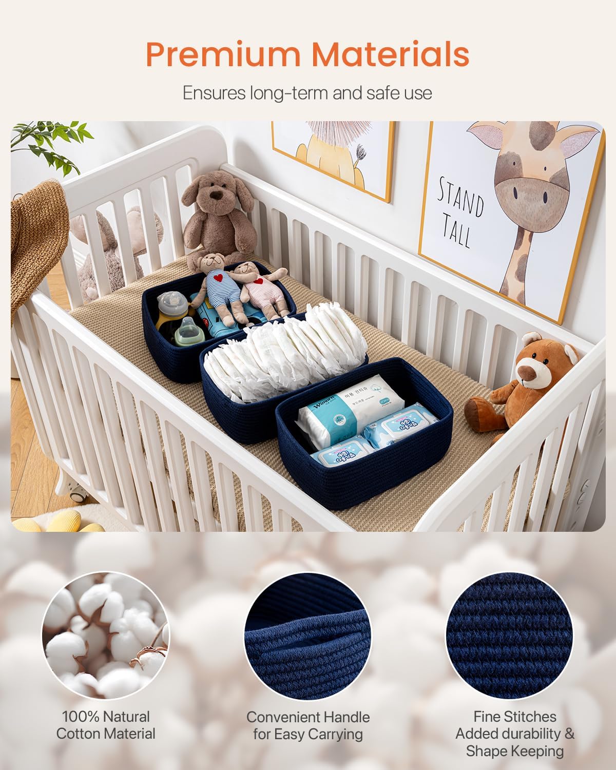 Small Woven Basket, 13.5 x 9.5 x 5 Inches, Storage Basket for Organizing, Cute Small Rope Shelf Closet Cube Storage Bins Baskets for Shelves, Dog Toy Gift Baskets Empty, 3 Packs, Navy Blue - Image 4