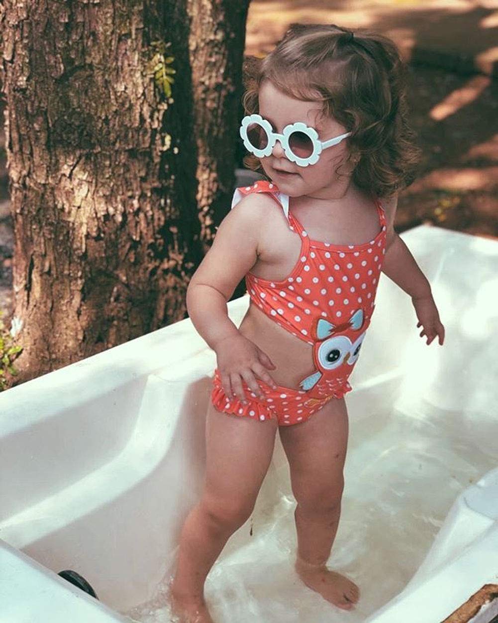 Cute Toddler Kids Baby Girl Ruffle One-Piece Swimsuit Animal Swimwear Dot Striped Bathing Suit Bikini Beachwear (Owl, 18-24 Months)