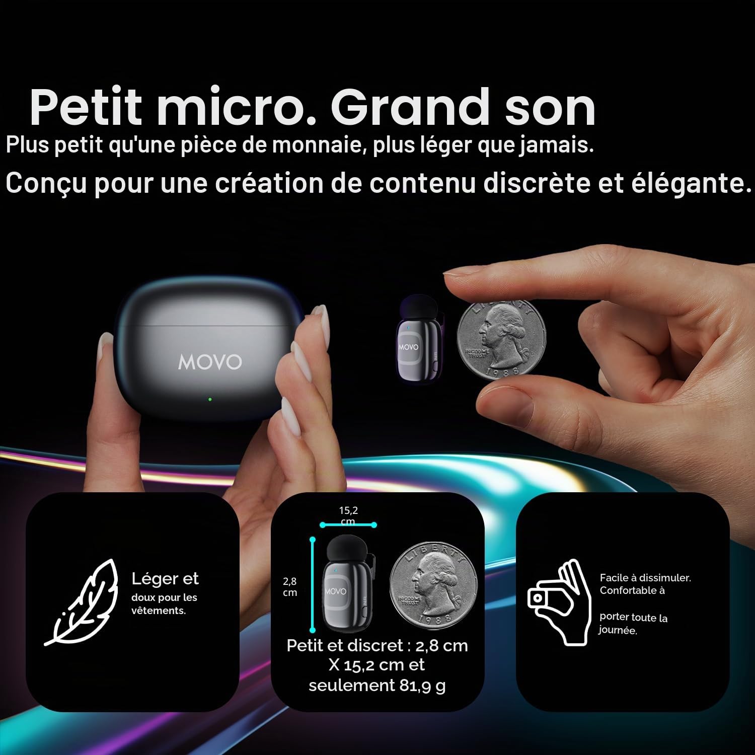 Movo NanoMic Microphone sans fil double Lightning pour iPhone 14 et Down - Micro cravate pour iPhone, idéal pour le vlogging et TikTok