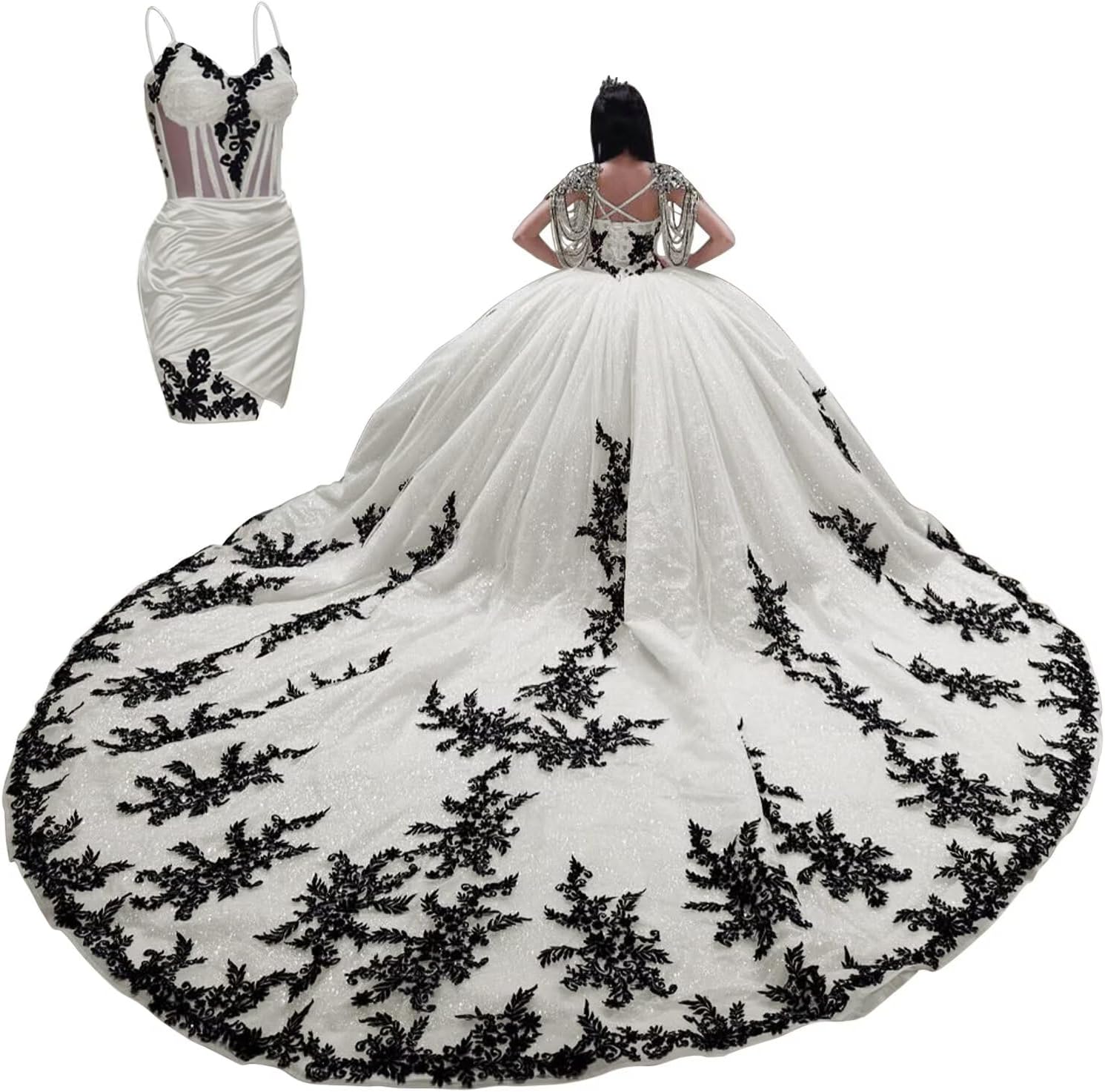 XYAYE Gorgeous 2 in 1 Quinceanera Dresses with Train Puffy Black Lace Wedding Dresses Beaded Vestidos de Quinceañeras