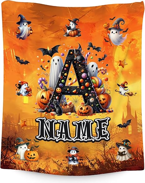 Halloween Blanket - Personalized Pumpkin Blankets Gifts for Kids - Fuzzy Comfy Flannel Initial Throw for Sofa Couch Bed