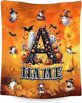 Halloween Blanket - Personalized Pumpkin Blankets Gifts for Kids - Fuzzy Comfy Flannel Initial Throw for Sofa Couch Bed