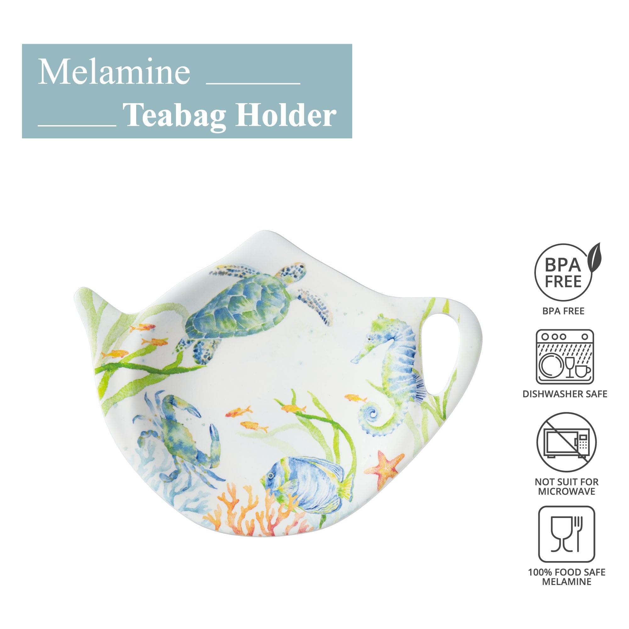 Supreme Housewares Sea Life Serenade Tea Bag Holders, Teapot Shaped Tea Bag Coasters Spoon Rests Saucer Seasoning Dish Set, Multicolor, 4 x 3 Inch, Set of 4
