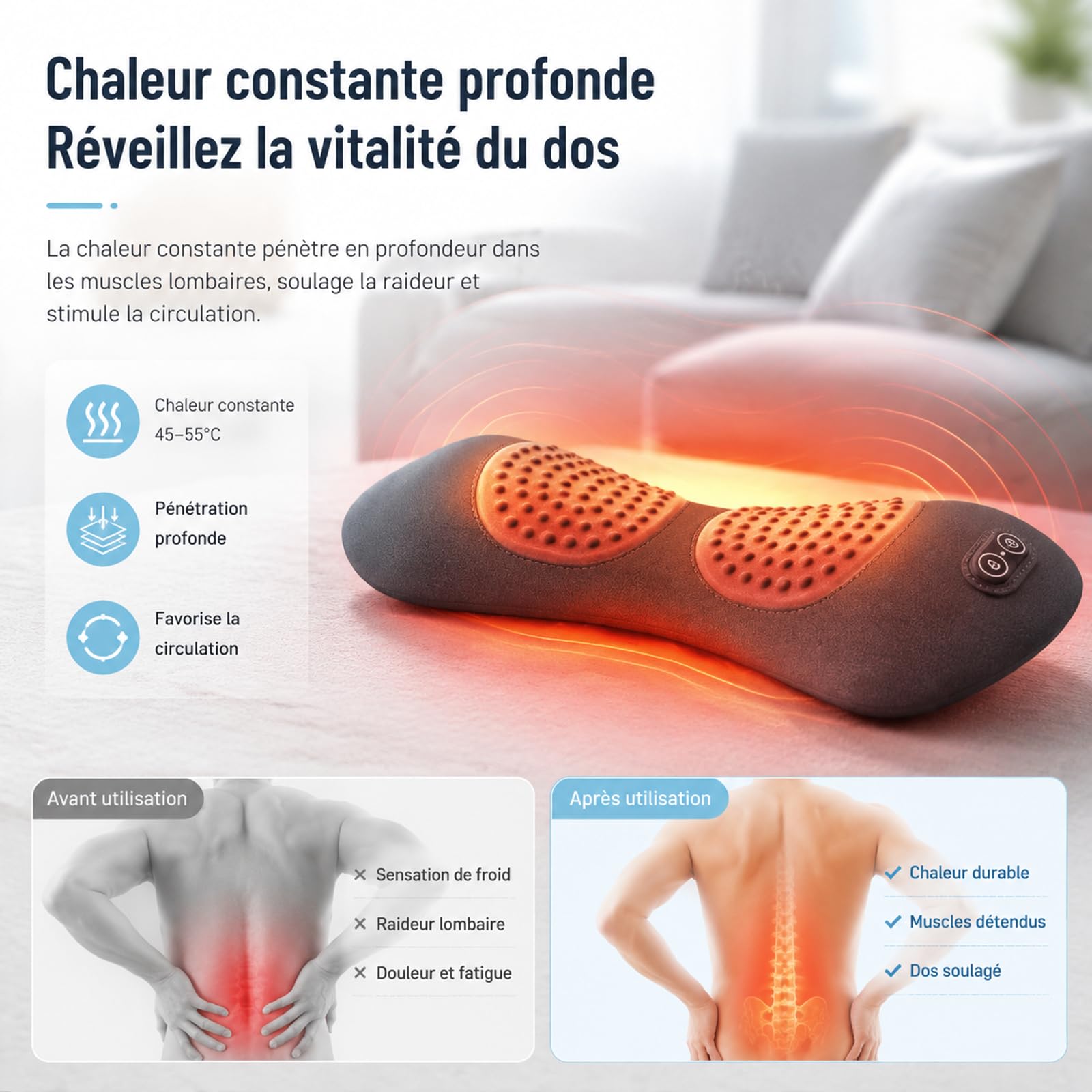LombaTech 3 en 1 Décompression Vertébrale à Domicile, Masajeador de Espalda con Calor Ajustable y Vibración, Soporte Lumbar Ergonómico, Dispositivo de Relajación Muscular para Hogar y Oficina