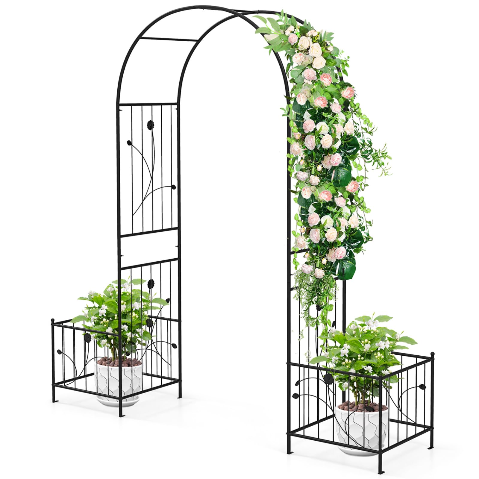 COSTWAY Garden Arch with Planter Boxes, Metal Archway Trellis Pergola Arbour with Ground Stake for Climbing Plant Rose Vines, Patio Arbor Decoration Stand for Party Wedding Lawn (202 x 50 x 217cm)
