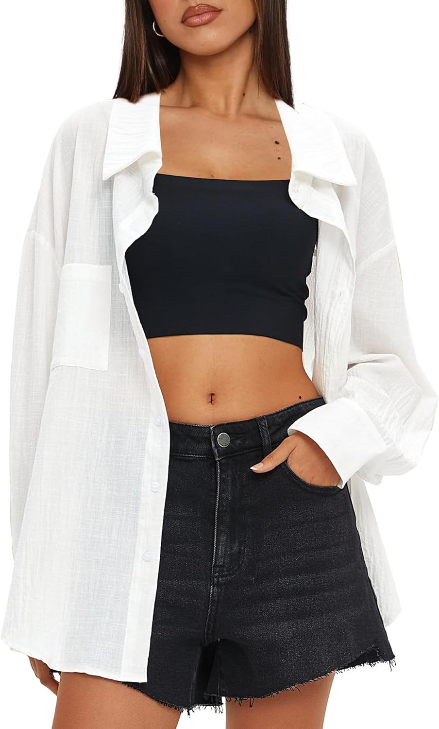 Darong Women's Button Down Long Sleeve Shirts Cotton Blend Casual Oversized Boyfriend Loose Fit Blouse Top - Image 3