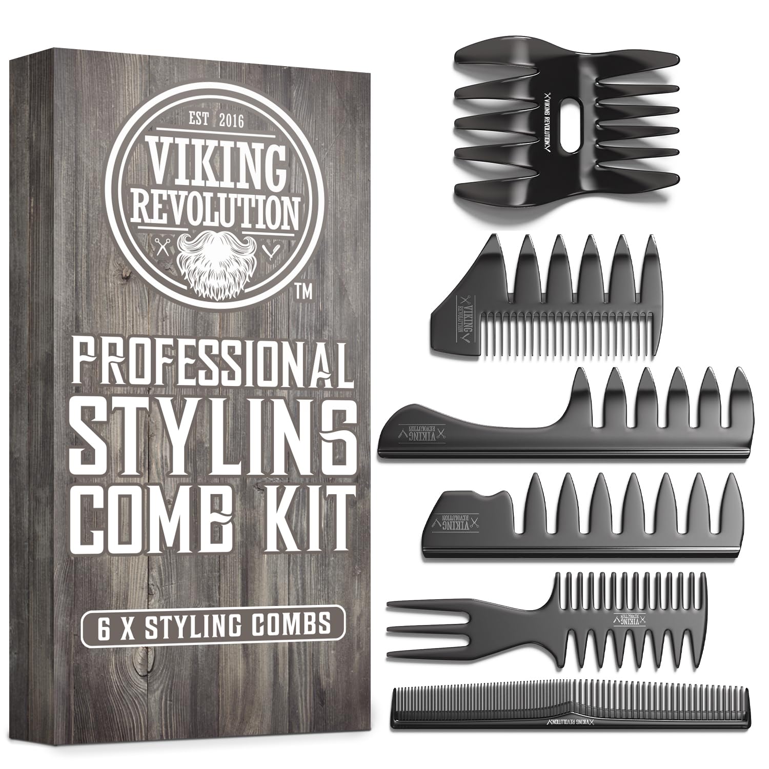 Viking Revolution 6-Piece Professional Men's Hair Combs Set - Anti-Static Styling, Texturizing, Beard Grooming & Detangling Combs