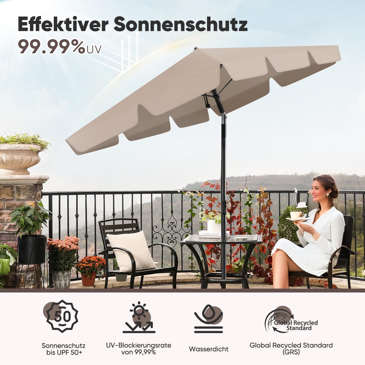 Sekey Sonnenschirm Balkon mit Sonnenschirmhülle, Sonnenschirm Rechteckig mit UPF50+ & GRS-zertifiziert für Balkon, Terrasse & Garten