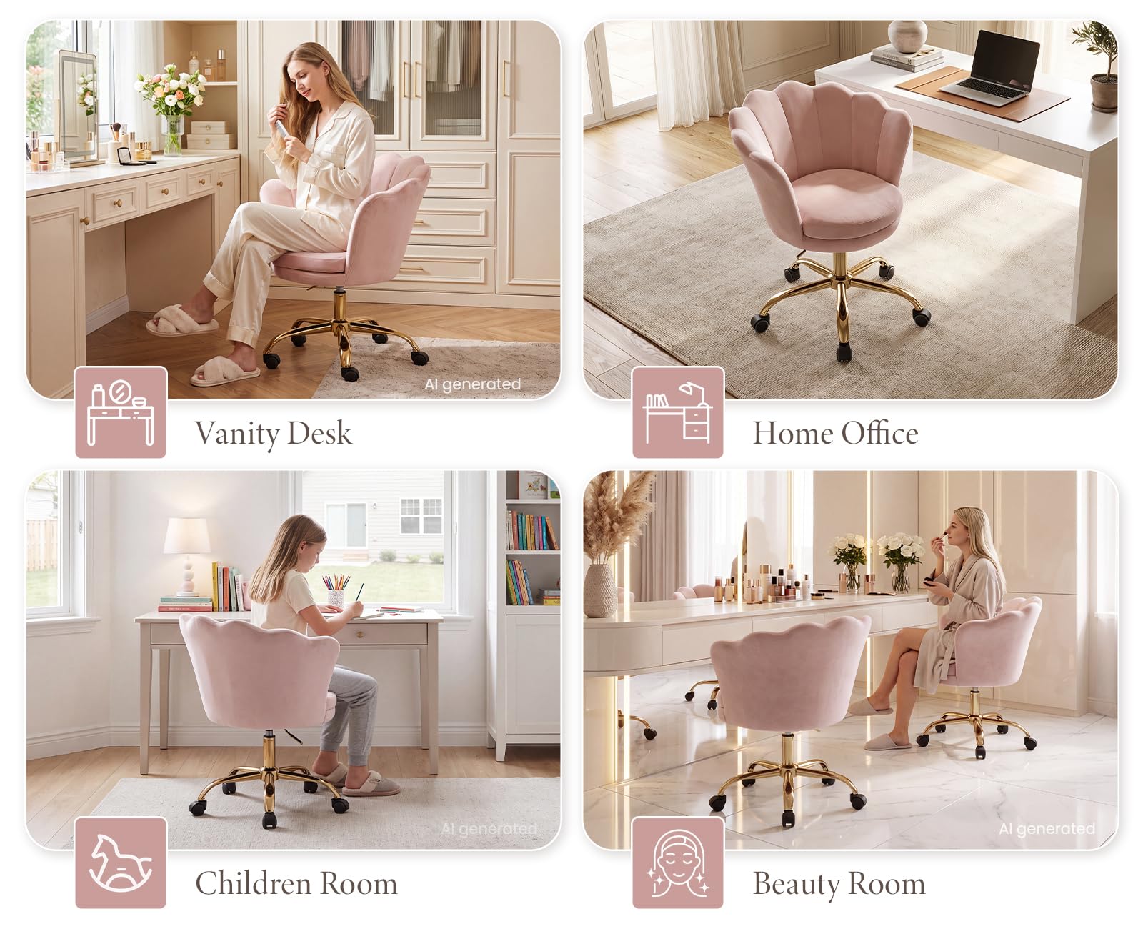 Ya-Home Silla Tocador Silla Escritorio de Terciopelo con Ruedas,Rosa Claro | Terciopelo, Giratorio, Ruedas, Altura Ajustable, 10cm Cojin Grueso, Forma de Flor, para Tocador/Dormitorio/Oficina, MAX 136KG