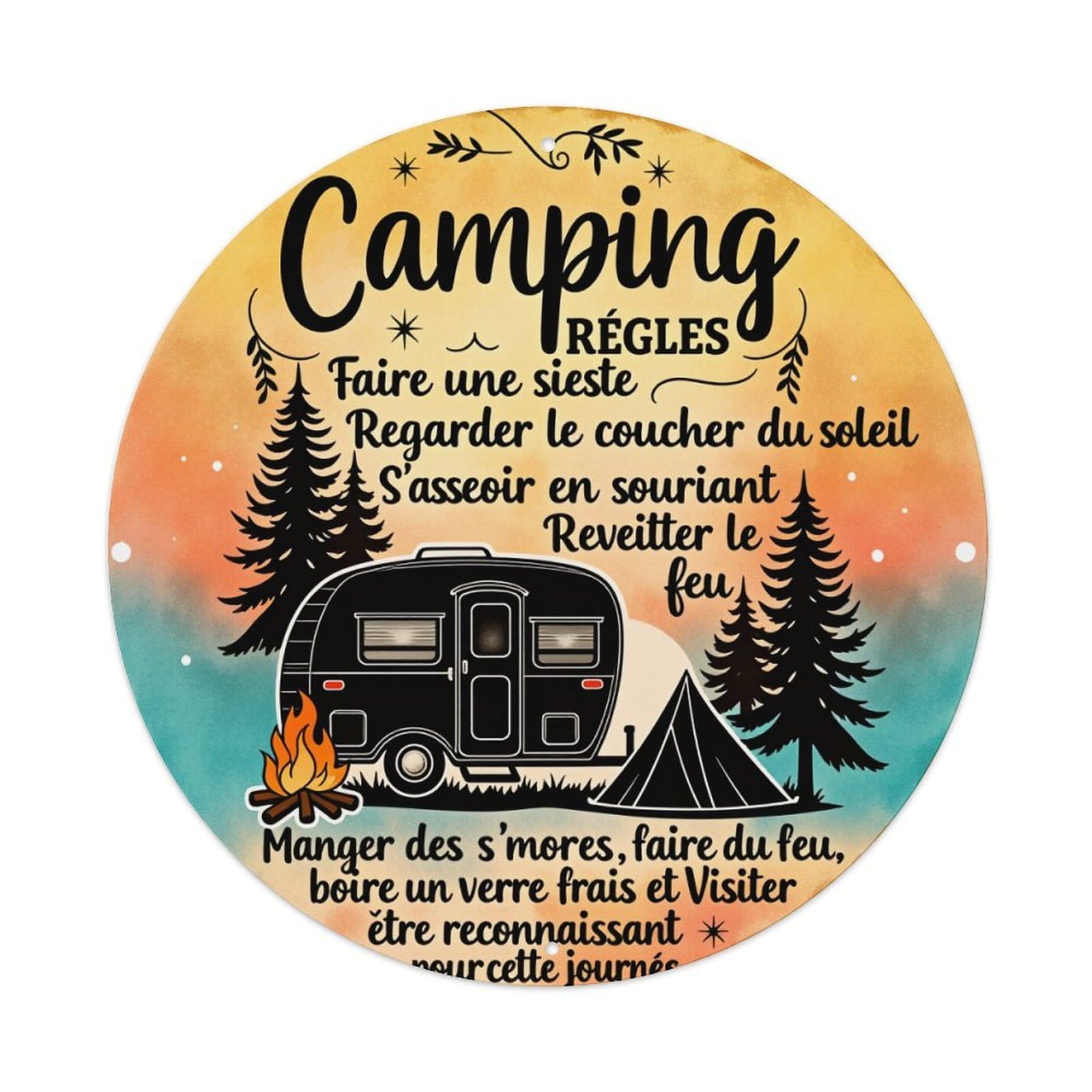 Camping Rules Sunset Trees Fire Round Tin Sign Vintage Metal Poster Retro Bar, Home, Man Cave, Kitchen, Laundry Room Wall Art Decor Gift 8x8Inch