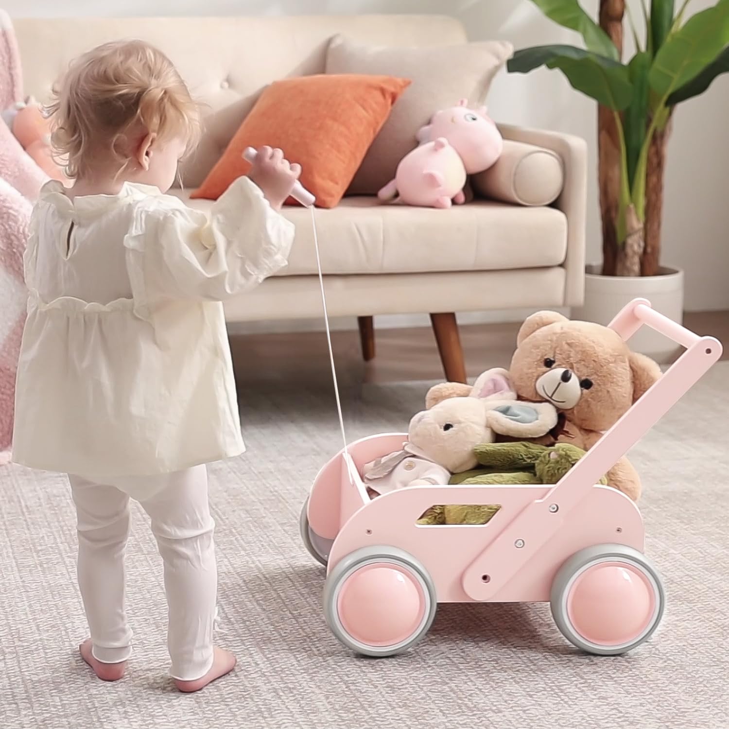 Toddler Push & Pull - Passeggino in legno, per bambini e bambine, giocattolo per primi passi con ruote, regalo per compleanno, Natale, rosa