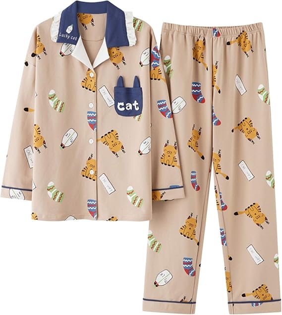 Amazon パジャマ レディース 秋冬 ルームウェア 綿100 長袖 長ズボン 上下セット 前開き 襟付き かわいい 猫柄 おしゃれ 面白い 可愛い 女の子 学生 肌に優しい 柔らかい ワイド 部屋着 寝巻き 2点セット 春秋 薄手 大きいサイズ M L Xl Xxl