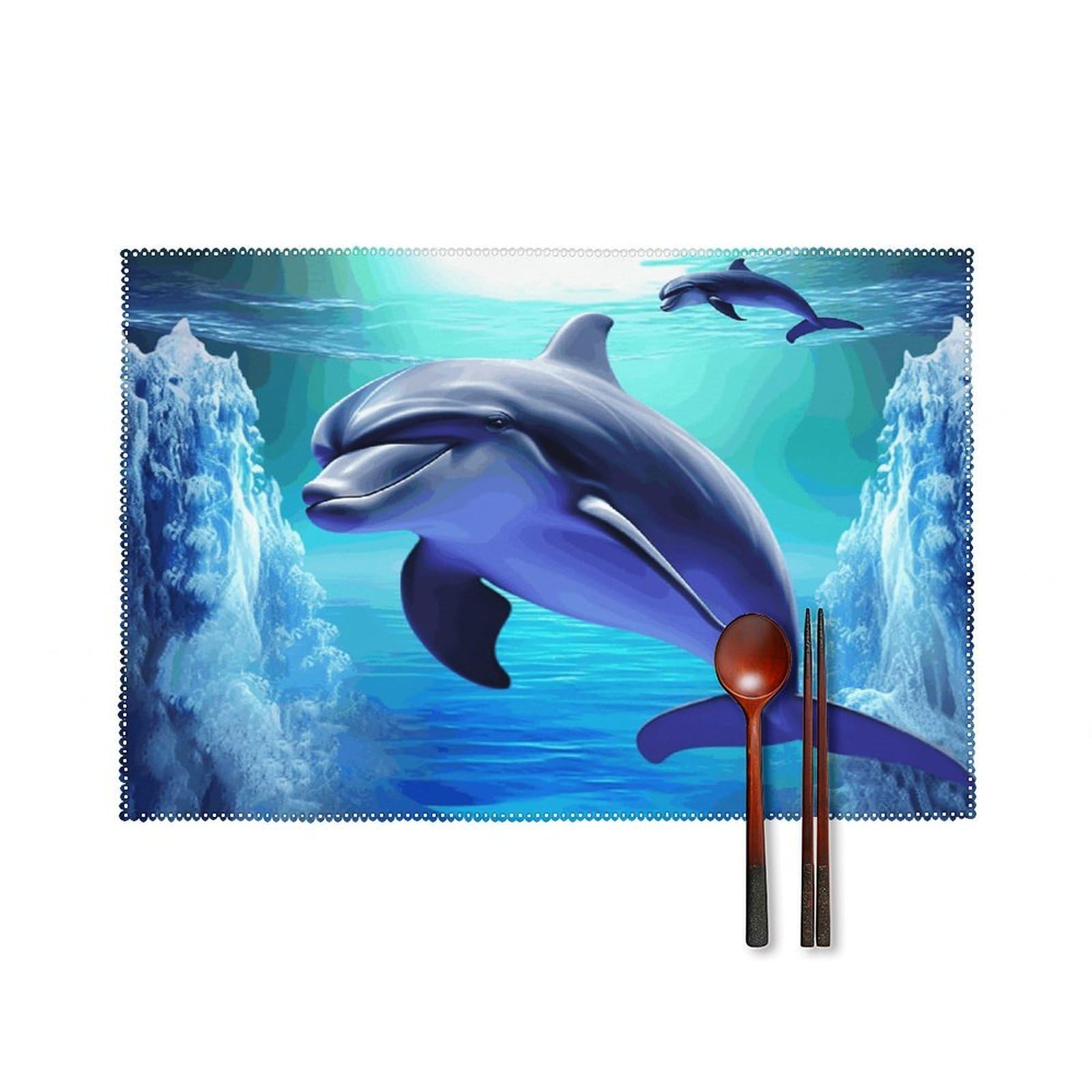 Dolphin Placemats Set of 4 Heat Resistant Non-Slip Place Mats for Dining Table Washable Placemat Wipeable Dining Table Mat Canvas Place Mats Dining Table Decor