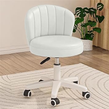 Small Scallop Desk Chair with Back, Cute Armless Rolling Vanity Chair with PU Leather, Comfy Office Task Computer Chairs Height Adjustable for Bedroom White,Pack of 1
