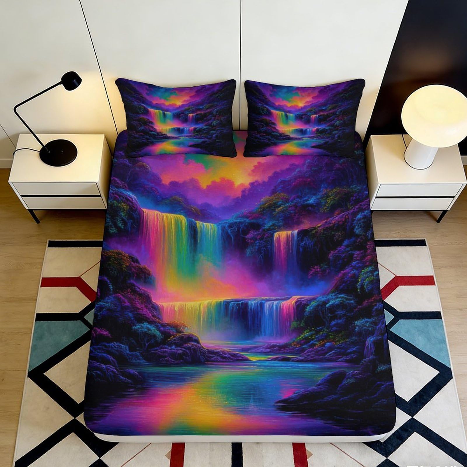Pnayamiorkfel Style-6 3D Printed Neon Waterfall Fitted Sheet Microfiber Soft Rainbow Landscape Mattress Cover For Bedroom Guest Room Decor 90X200x25cm