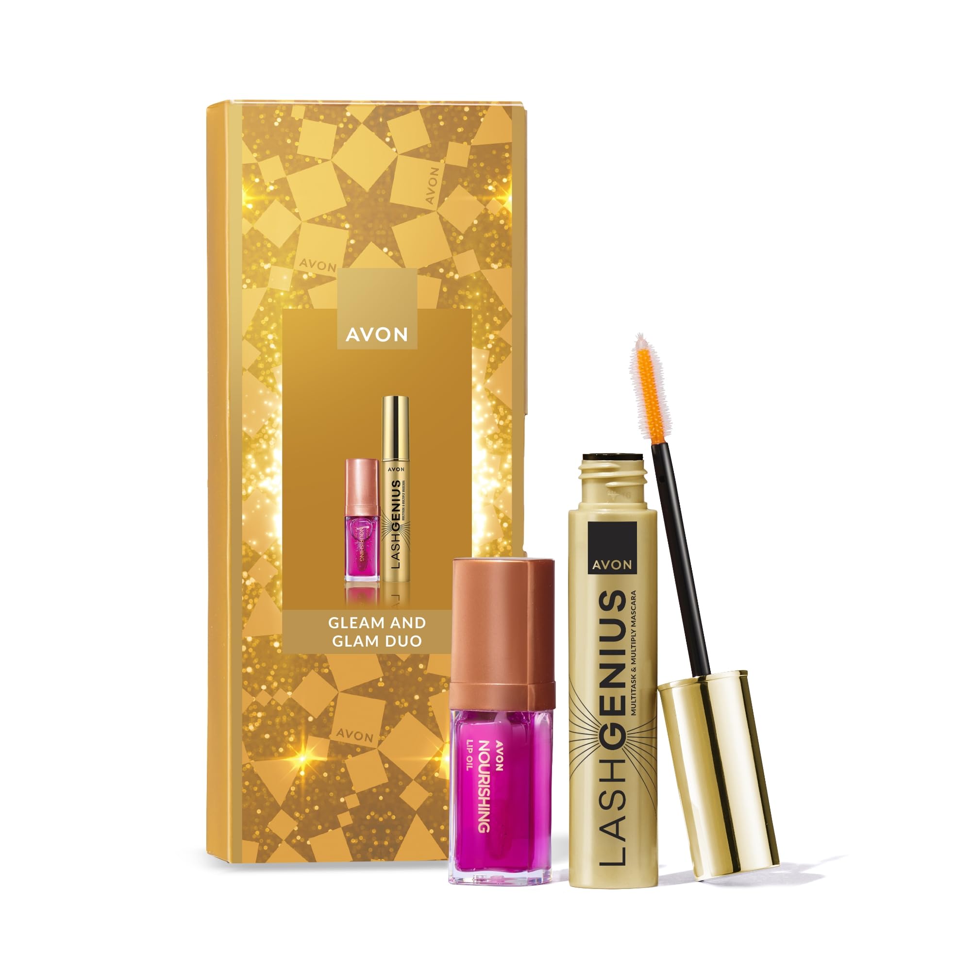 AVON Gleam and Glam Gift Set, with Nourishing Lip Oil SPF12 & Lash Genius Mascara, For All Round Lip Care & Long Lasting, Natural Lashes, Cruelty Free