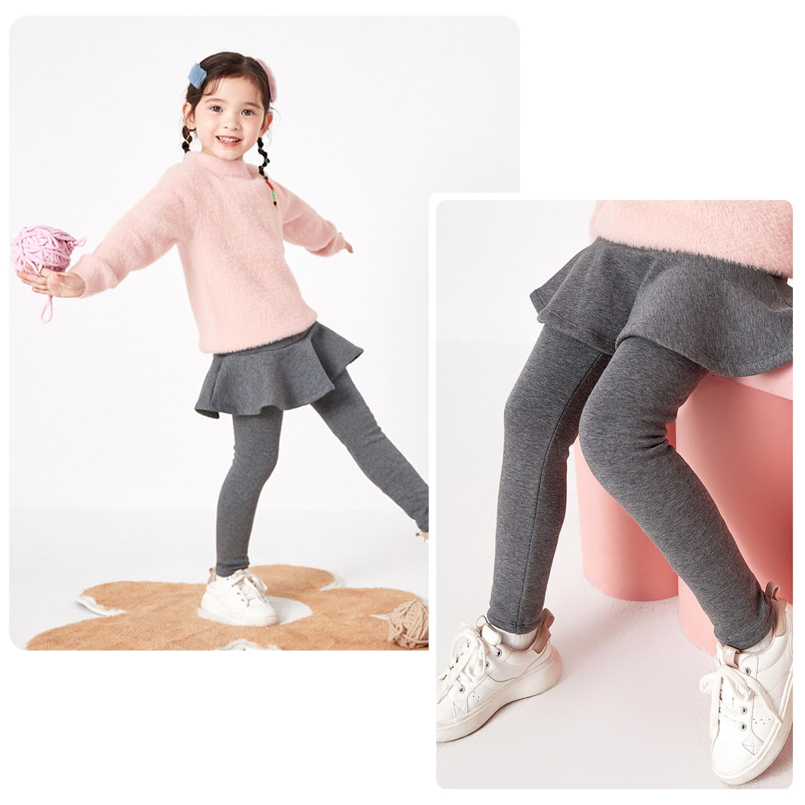 LOLANTA Leggings con forro polar para niñas con falda, pantalones cálidos de invierno para niños, falda con volantes