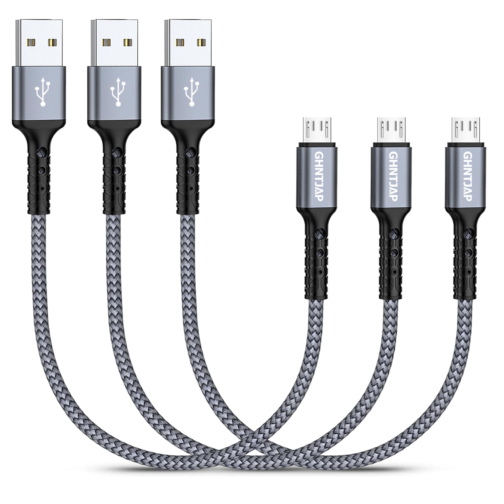 GHNTJAP Micro USB Kabel,[3Stück 0,3m], Kurzes Micro USB Ladekabel, Nylon Ladekabel für Android Phones kompatibel mit Galaxy S7 S6 S5, Huawei P9/P10 Lite, Kindle, Xbox, PS4 Controller - Grau