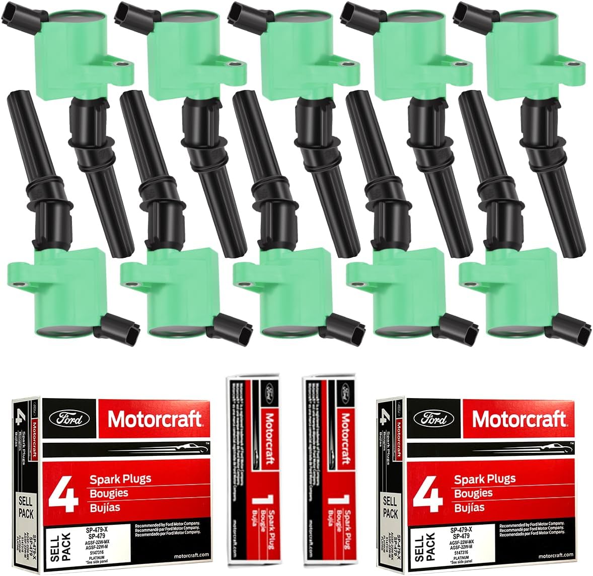 MAS Set of 10 Ignition Coils Pack Green DG508 & Motorcraft Spark Plug SP479 Compatible with Ford E350 E450 Excursion Econoline Super Duty F250 F350 6.8L V10 Replacement for FD503 3W7Z12029AA