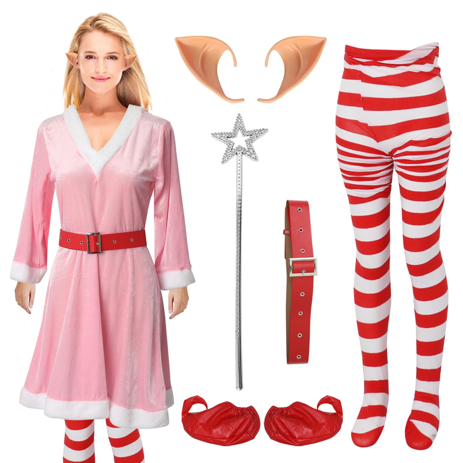 Costume d'elfe 6 pièces pour adulte, costume d'elfe rose de Noël pour femme, costume de Noël de costumade pour cadeau