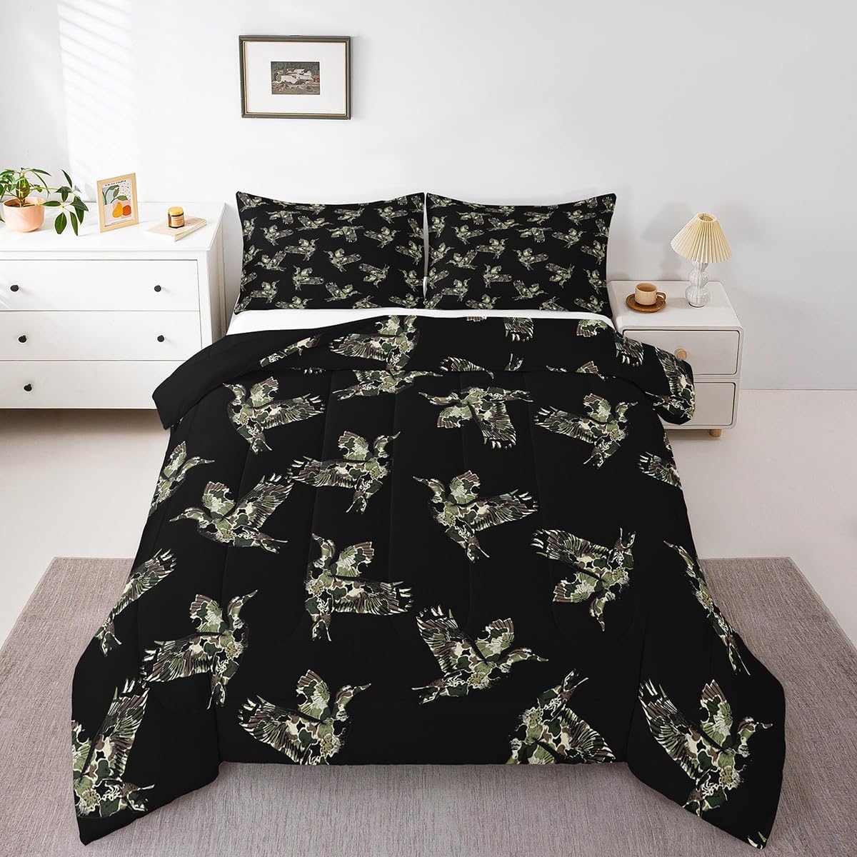 Feelyou Camouflage Duck Comforter Set Green Camo Mallard Duck Toddler Size Bedding Set for Kids Boys Girls Rustic Wild Animal Duvet Quilt Breathable Soft Microfiber