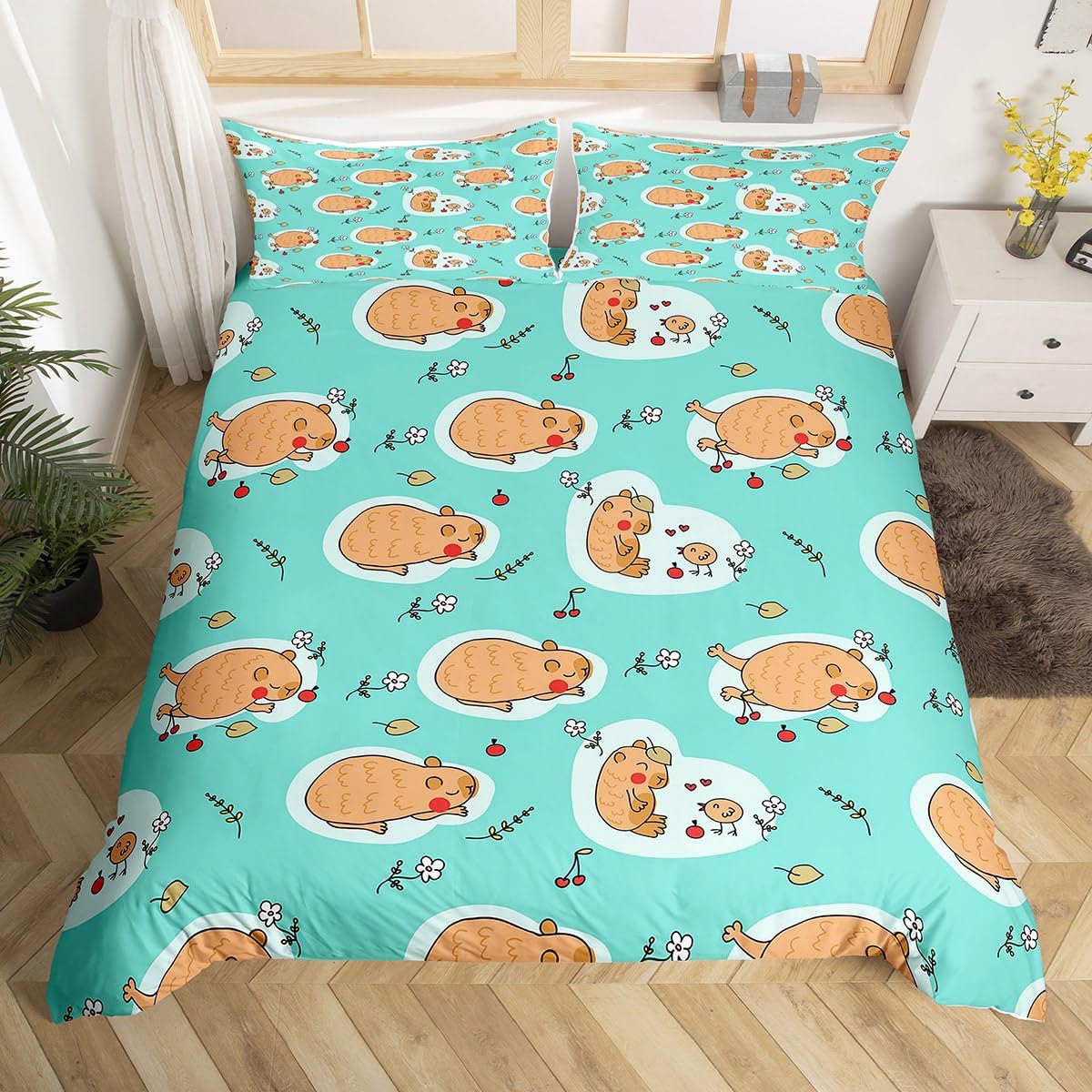 Capybara Floral Double Duvet Cover, Kids Cartoon Capybaras Bedding Set Girls Kawaii Rodent Animals Comforter Cover Capybara Gifts for Capybara Lovers, Cute Flower Branches Bed Sets with Zipper Closure