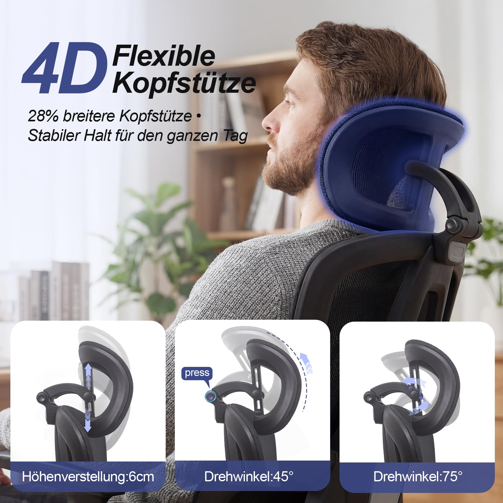 Bürostuhl Ergonomisch, Schreibtischstuhl mit Automatischer Lendenstütze (2-Fach höhenverstellbar), 4D-Kopfstütze, 4D-Armlehnen, Atmungsaktives Mesh, Drehstuhl bis 150 kg für Home Office & Büro