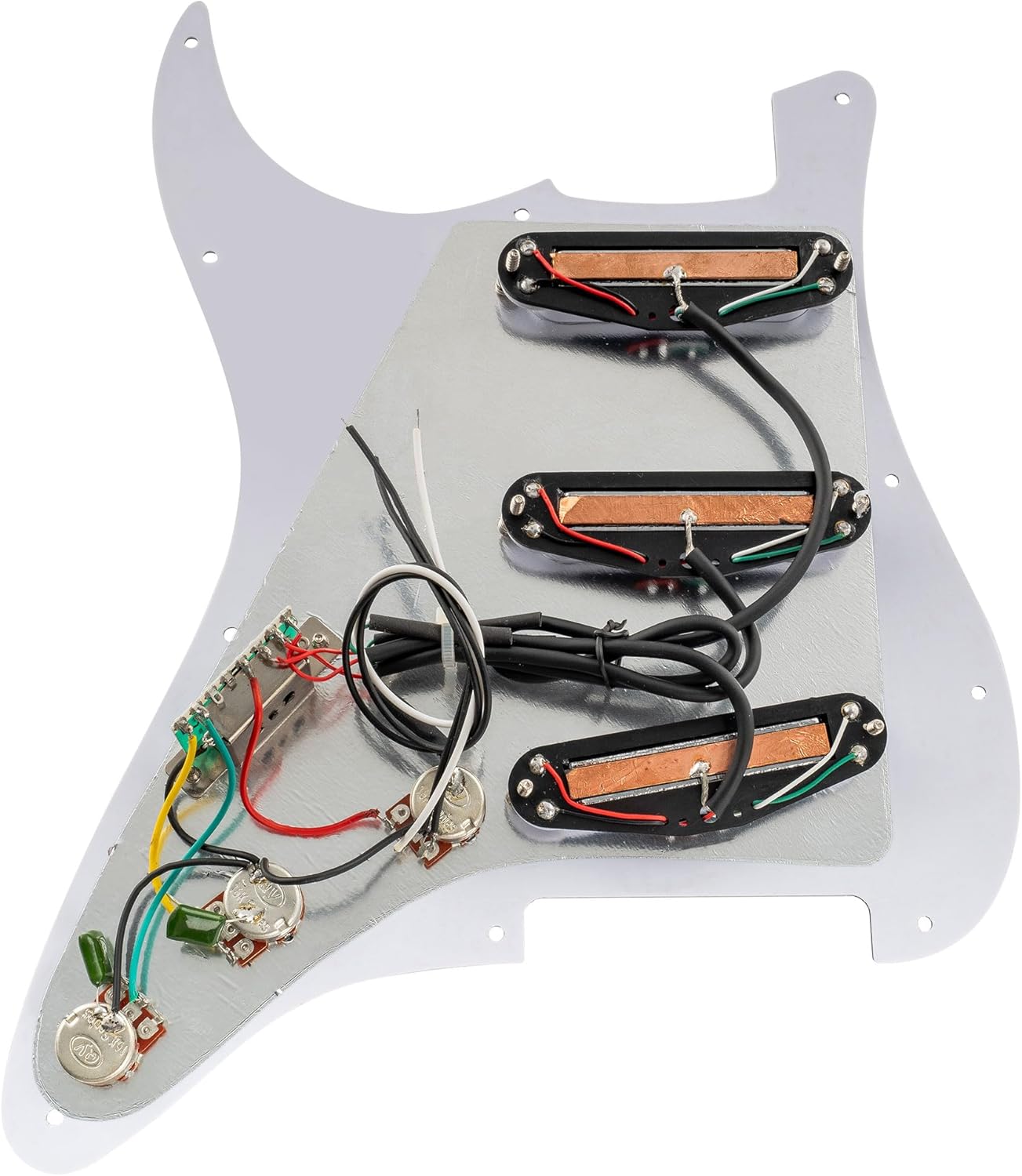 Musiclily 11-Hole SSS Prewired Loaded Pickguard with Dual Hot Rail High Output Pickups Set for Fender Squier Strat Electric Guitar, 4Ply White Pearl