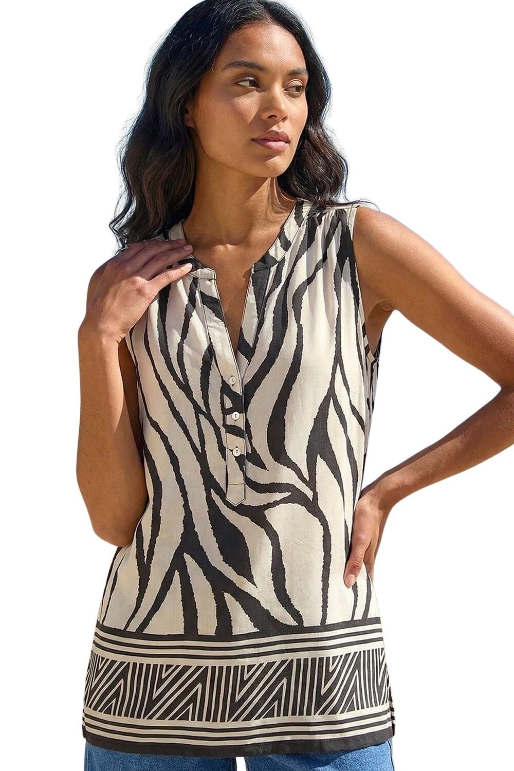 Roman Women's Ivory Stripe Border Print V-Neck Vest In | Size: 10