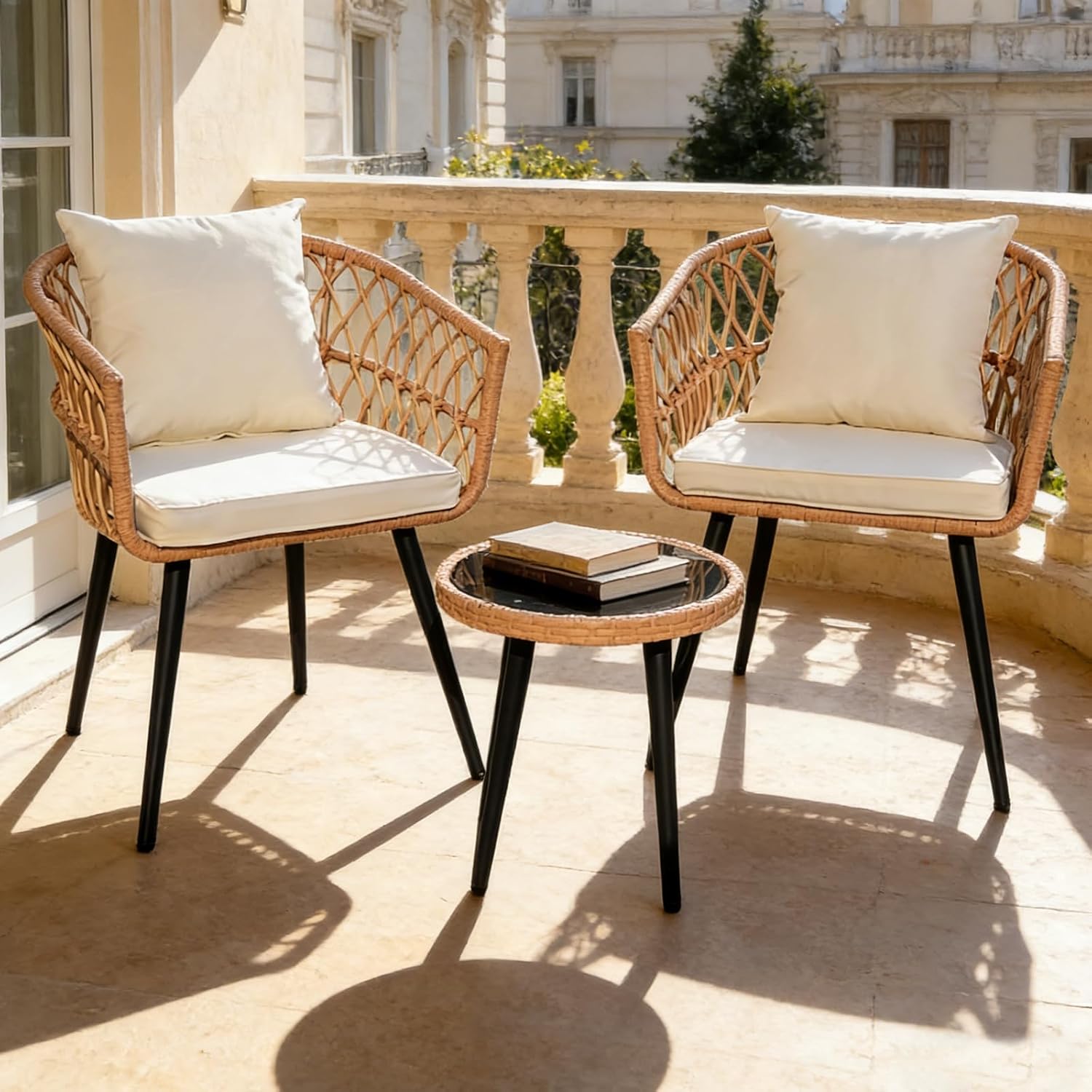 3 Piece Outdoor Patio Furniture Set, All-Weather PE Rattan Conversation Set, Patio Bistro Set with Waterproof Cushions, for Small Backyard, Apartment, Balcony, Beige (2 Chairs + Table)