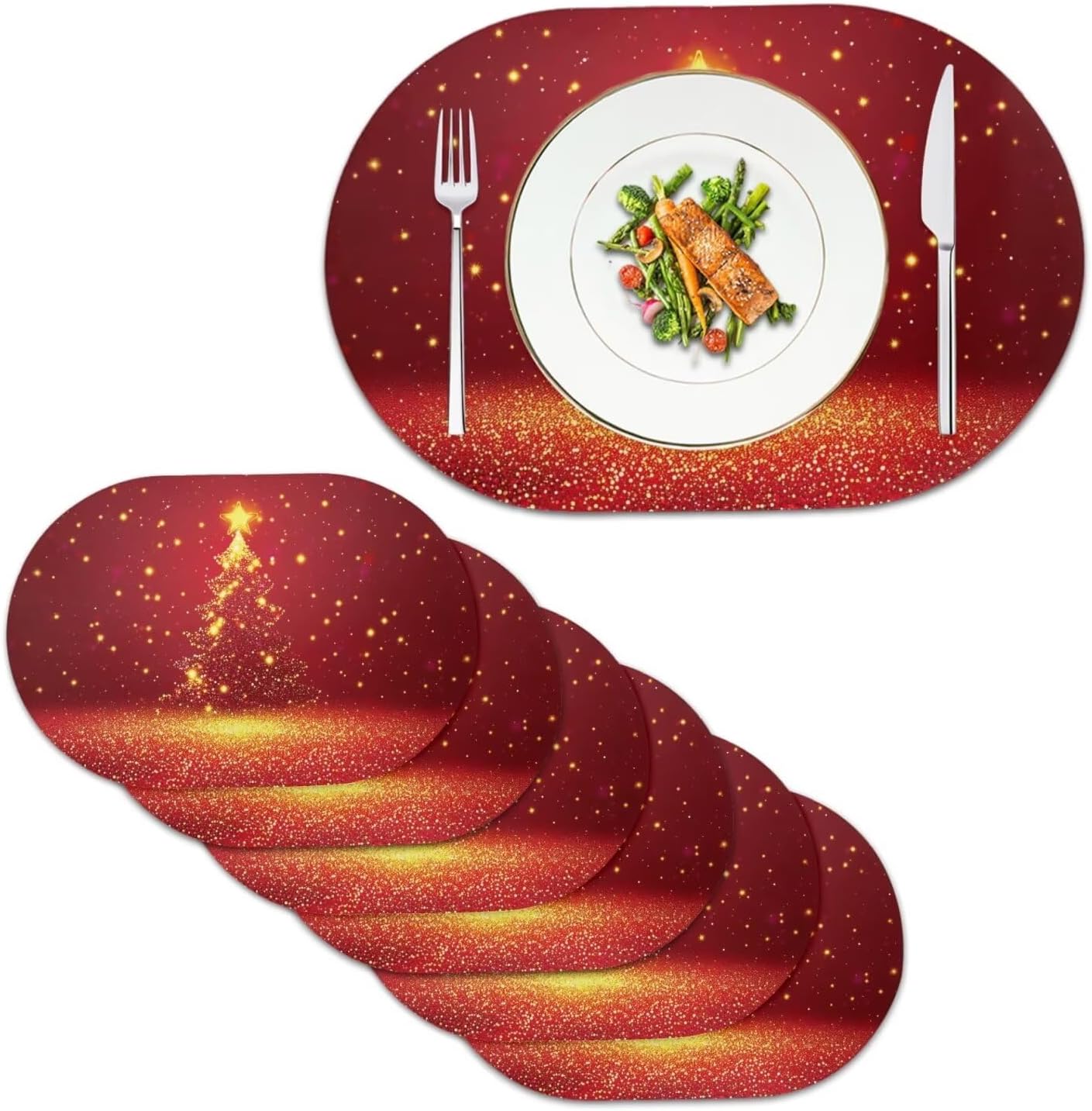 Poceacles Reusable Table Place Mats 6 Pieces, Anti-Skid Oil-Proof PU Leather Insulation Oval Kitchen Placemats for Dining Table Kitchen Decor, 12 x 18 Inch, Christmas Tree Star Red