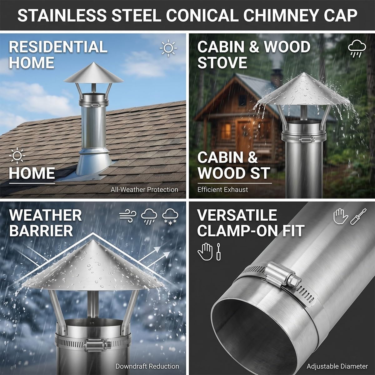 Sombrerete de Chimenea Ajustable Acero Inoxidable Tapa de Lluvia Caperuza Salida Humos Protector para Tubo de Estufa Ventilación de Techo Cubierta de Escape Exterior(150mm)