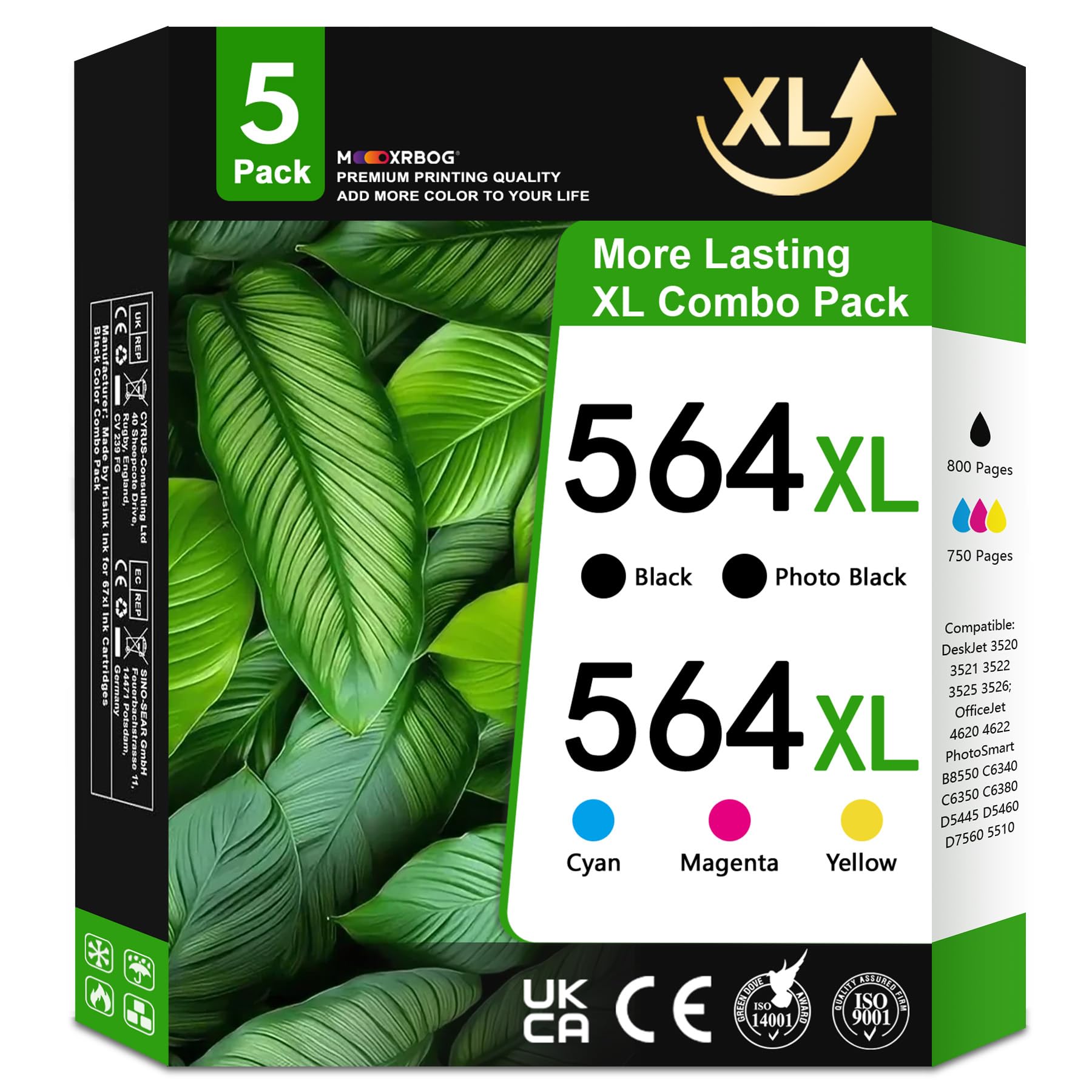 Mooxrbog 564XL Ink Cartridges High Yield Replacement for HP 564 XL Black and Color Ink Cartridges Work for PhotoSmart 7520 7525 5520 6520 6510 C309G
