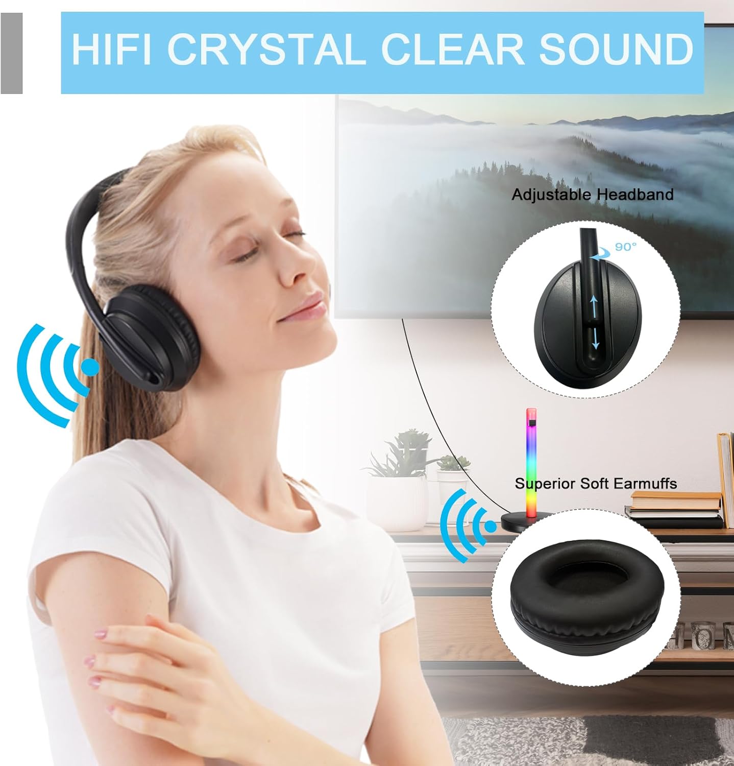 Wireless Headphones for TV Watching with RF Transmitter Headset Stand, Over Ear TV Watching Headsets Wireless Bluetooth Headphones for TV Listening, No Audio Delay, 330ft Long Range, Black - Image 9