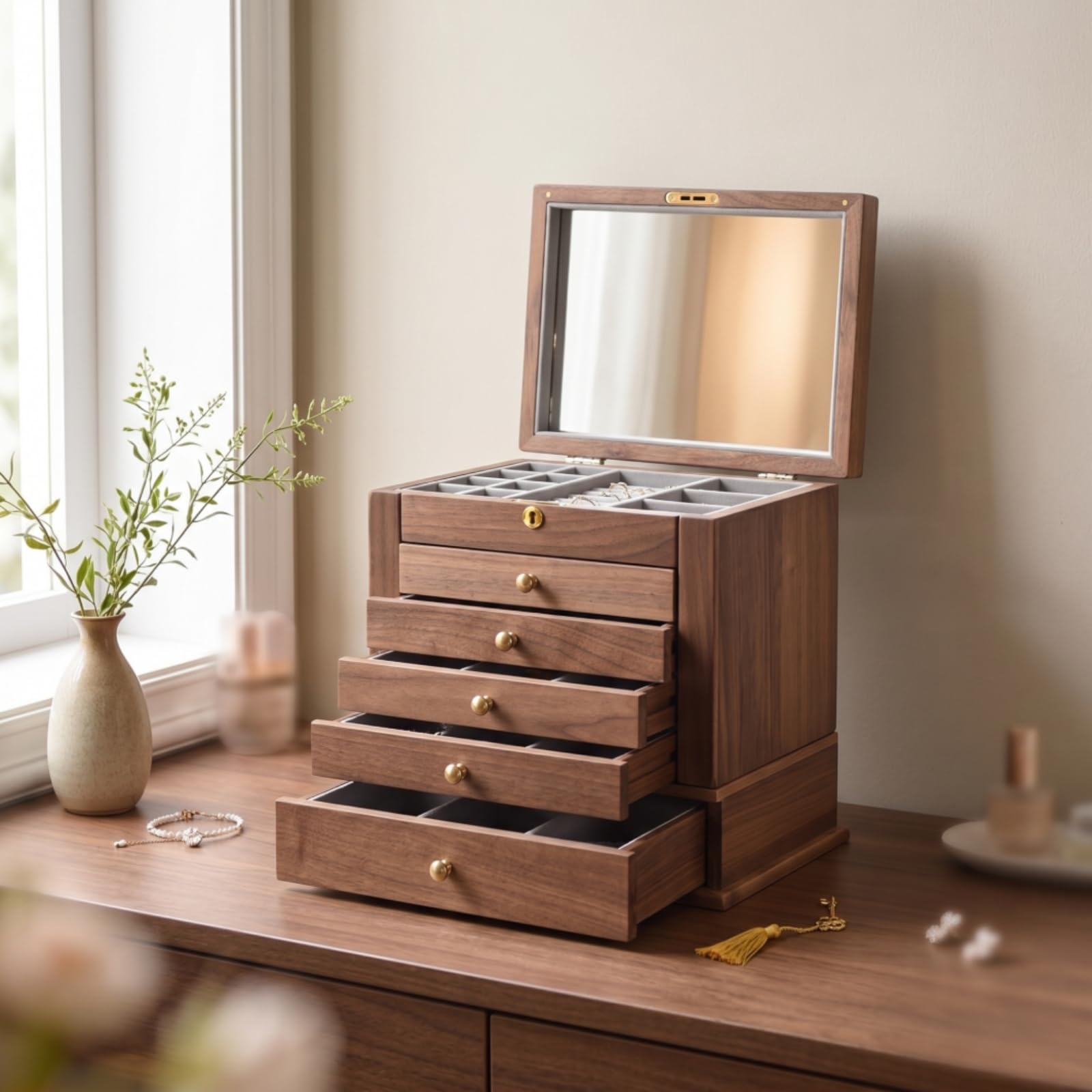 Organizador de Maquillaje Caja de Cosméticos Tocador Cajonera Almacenamiento Madera Negro con Tiradores Redondos, Madera De Caucho Con Chapa De Nogal Caja De Almacenamiento De Cosméticos