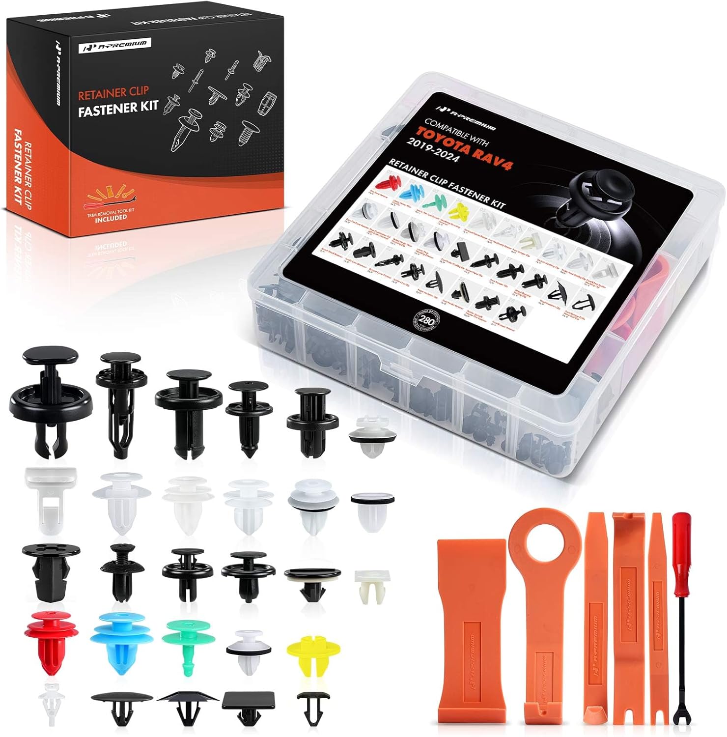 A-Premium 280PCS (46.88 oz/28 Sizes) Bumper Retainer Clips w/Removal Tool Compatible with Toyota RAV4 2019-2024 Fender Fasteners Assortment Molding Grille Hood Clips Door Trim Push Pin Rivets Set