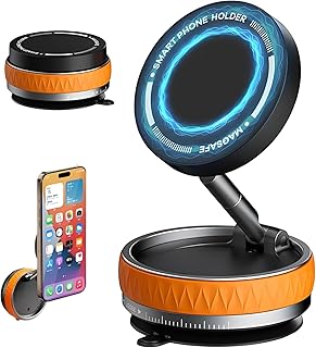 URUCHI Manyetik Araç Telefon Tutucu 360° Döner Başlık – Mekanik Vakumlu Güçlü Sabitleme, Silikon Kaymaz Tutuş, Mag-Safe Uyumlu, Tüm iPhone Serisi ile Uyumlu, Araç İçi Telefon Stand, Turuncu