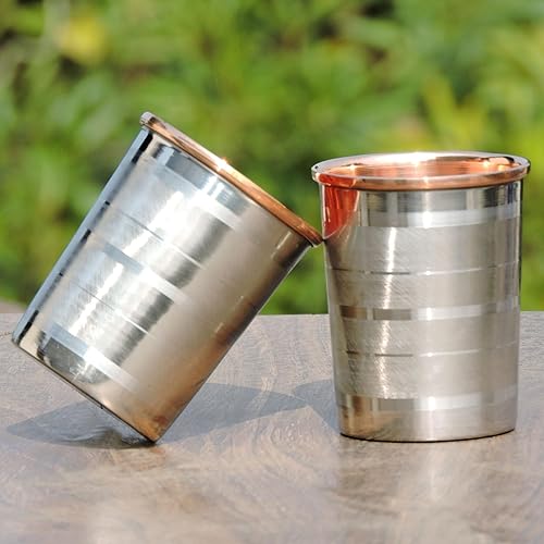 Miniatura 5 de Juego de 2 vasos exteriores de acero inoxidable e interior de cobre puro para beneficios de salud ayurveda, capacidad de 8.5 fl oz (patrón de