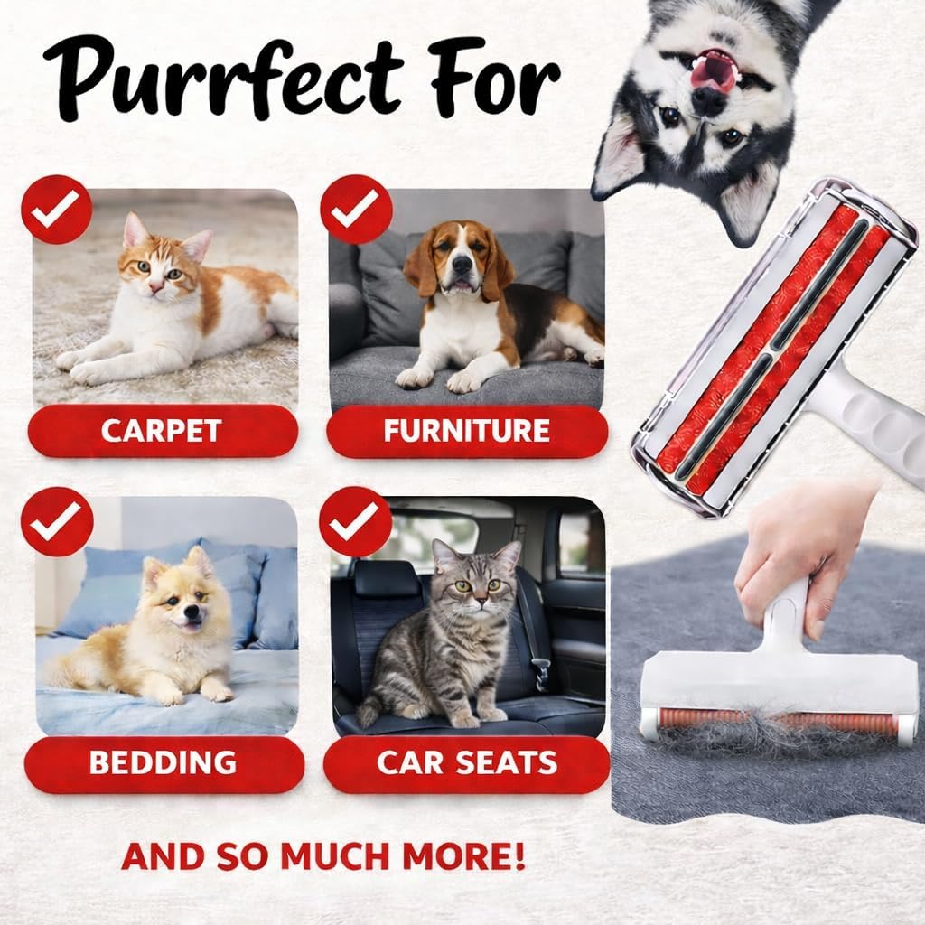 Reusable Pet Hair Remover Roller – Heavy Duty Manual Lint Roller for Dog & Cat Hair – Furniture, Couch, Carpet, Rugs & Car Seats – Durable ABS, Portable & Eco-Friendly