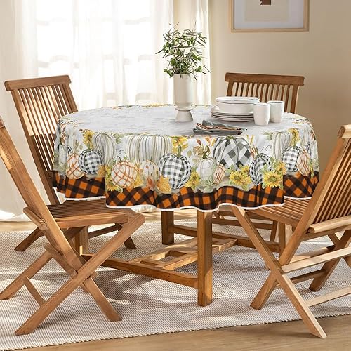 Miniatura 2 de Horaldaily Mantel redondo de otoño de 70 x 70 pulgadas, diseño de calabazas de cosecha de otoño de Acción de Gracias, diseño de búfalo naranja, para