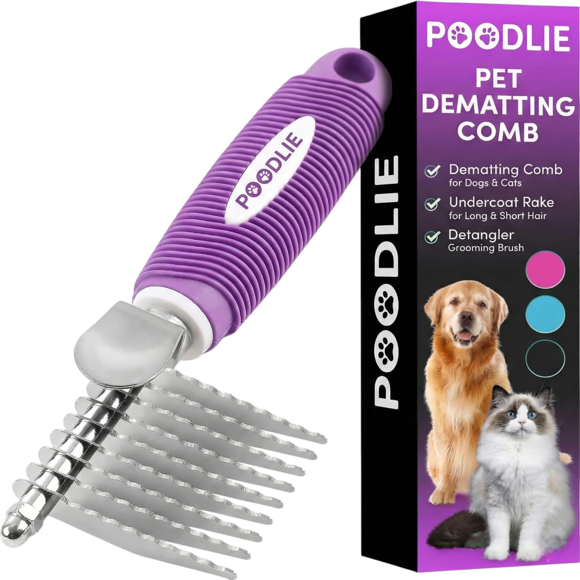 POODLIE Pet Dematting Fur Rake Comb Brush Tool Dog Rake Brush - Dog Brush for Goldendoodle & Cat Comb with Long 2.5” Steel Safety Blades Metal Dog Comb for Detangling Matted or Knotted Undercoat Hair