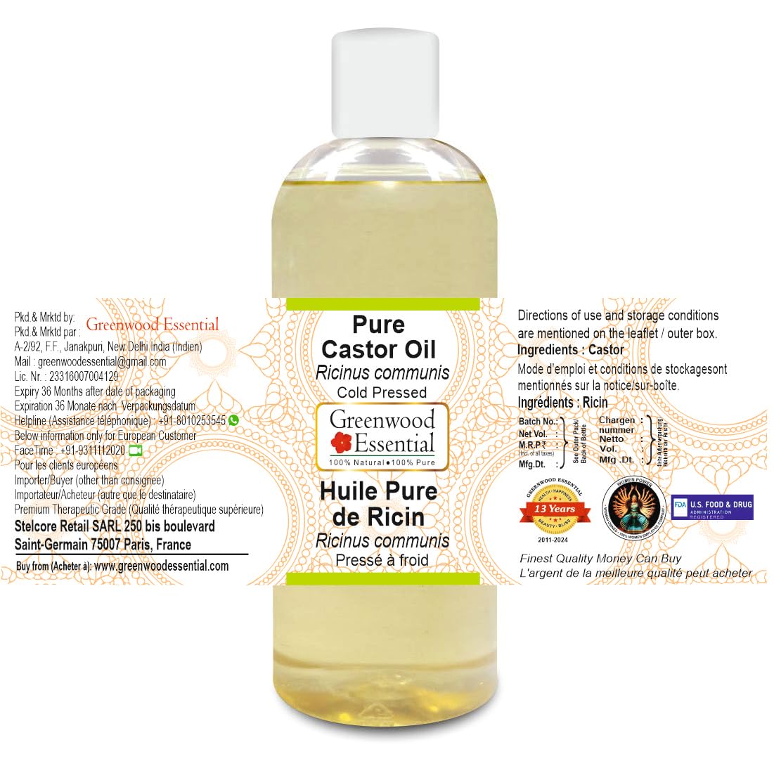 Greenwood Essential Pure Castor Oil (Ricinus communis) Cold Pressed 200ml (6.76oz)